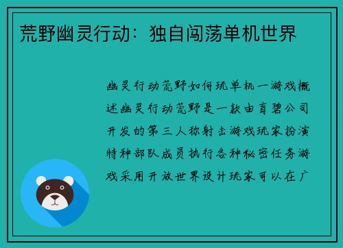 荒野幽灵行动：独自闯荡单机世界
